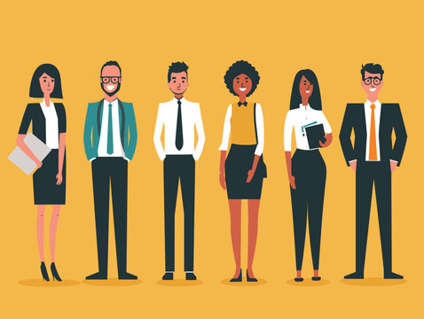 Group diverse illustrated business professionals standing confidently. Men women business attire, vector characters against yellow background, conveying teamwork diversity. Office workplace