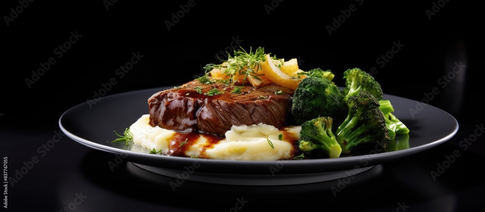 Poster beef steak and mashed potatoes with greens on a white plate against a black background, creating a b