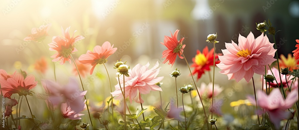 Poster blooming flowers of plants in the garden with a blank space for text or graphics to be added in the 