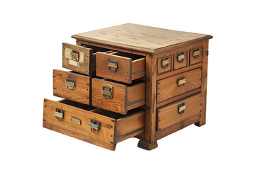 Wooden chest with multiple open drawers showcasing rustic hardware and craftsmanship, ideal for home storage solutions and interior design.