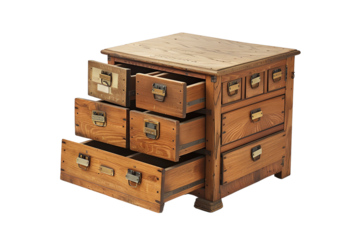 Wooden chest with multiple open drawers showcasing rustic hardware and craftsmanship, ideal for home storage solutions and interior design.