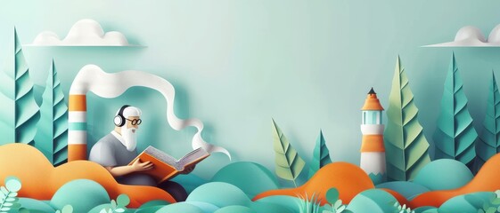 Whimsical paper art scene of a person reading a book with headphones in a colorful landscape featuring a lighthouse and nature elements.