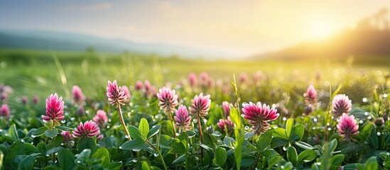 Fototapeta premium The red clover flowers in the meadow with morning dew on the leaves, creating a picturesque scene with copy space image.