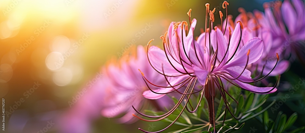 Poster flower of cleome spinosa in the park setting with copy space image.