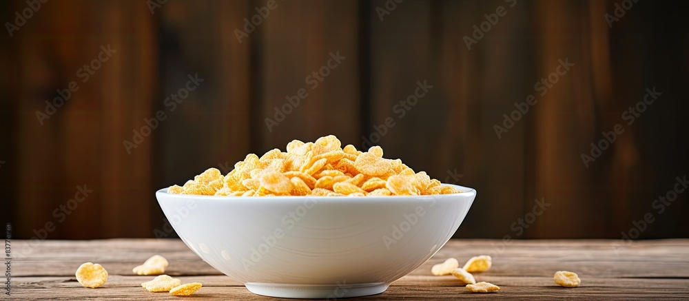 Poster An old white bowl of cornflakes with milk on a wooden table with a rustic background where you can easily add your own pictures or text - copy space image.