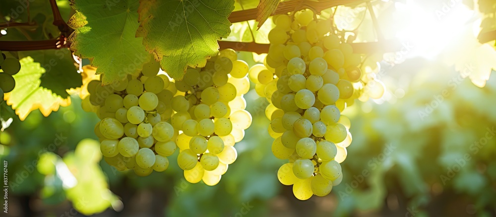Poster green grape bunches in a vineyard, ripe for harvesting, with a clear area available for adding text 