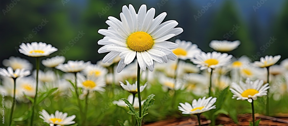 Poster a beautiful white daisy blooming in spring with a copy space image.