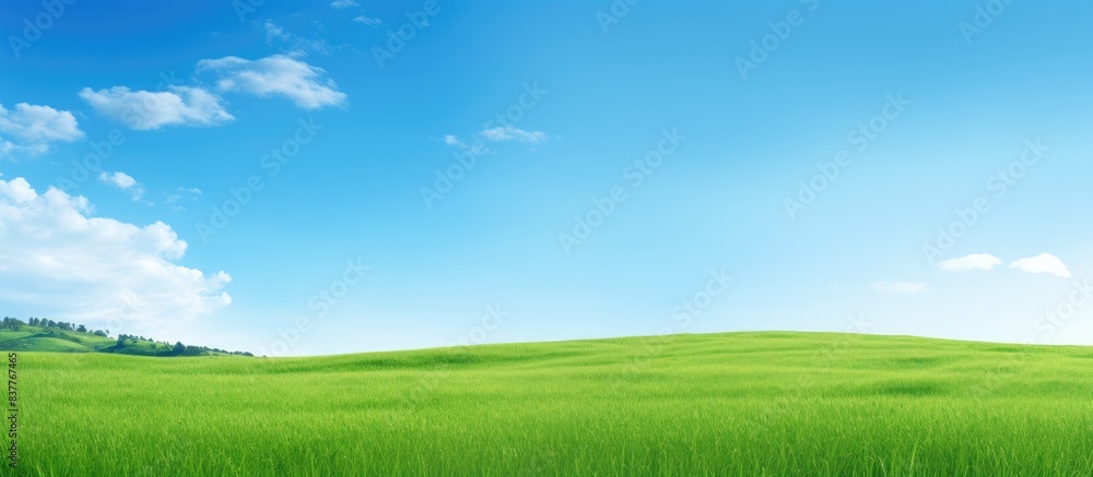 Poster the scenic view of green grass contrasts with the clear blue sky, creating a serene landscape with c
