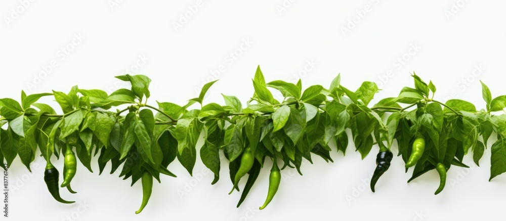 Poster capsicum annuum plant with green chili leaves set against a white backdrop, creating a visually appe