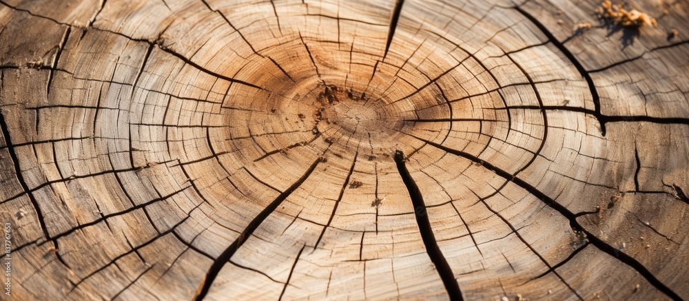 Poster an old pine tree slice under the bright summer sun, revealing distinct longitudinal and radial crack