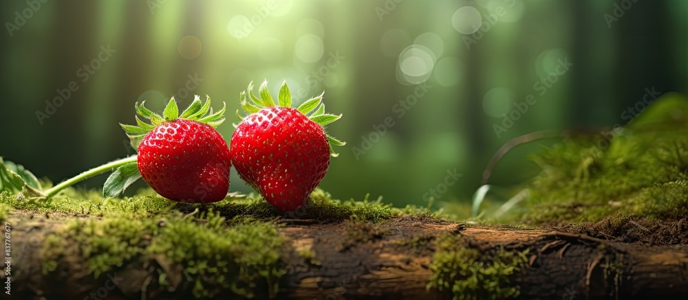 Poster Organic strawberry from a forest setting with a natural appearance against a copy space image for organic food advertisement.