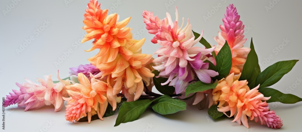 Poster vibrant crepe ginger flowers bloom beautifully, offering an exquisite display of colors against a bl