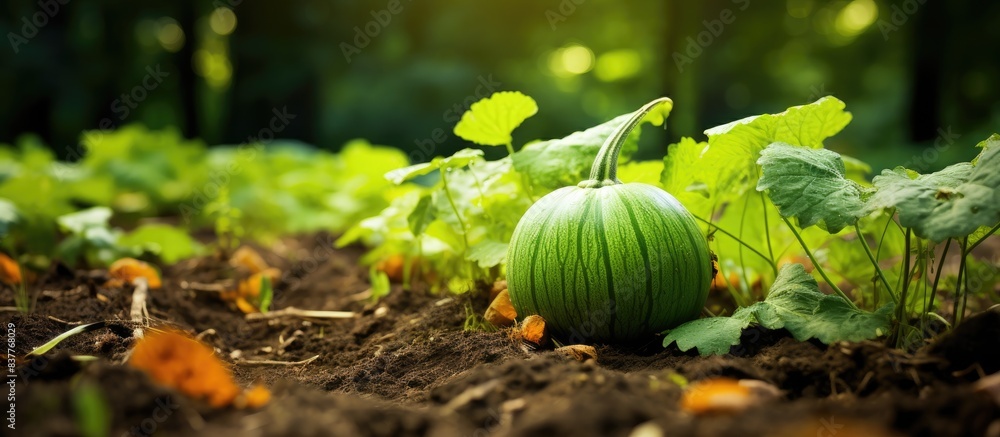 Poster growing on the vegetable patch is a vibrant green pumpkin with a copy space image.