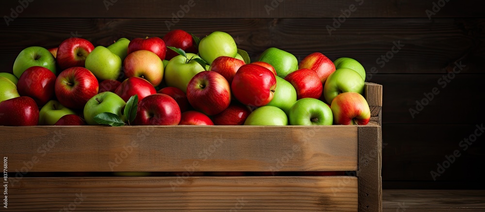 Poster apple-filled wooden crate box with a copy space image for fresh red and green fruits.