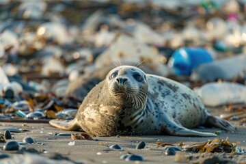 Curious common seal is lying on beach surrounded by plastic pollution, marine pollution killing marine animals