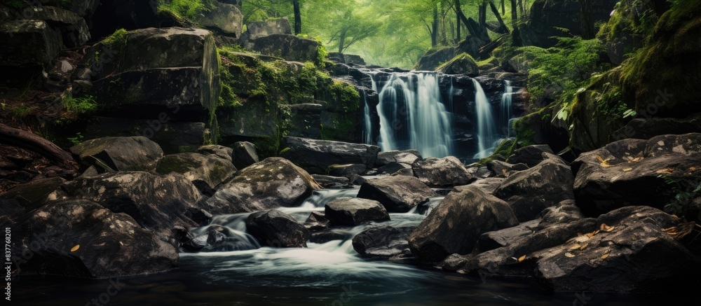 Poster Water cascading through rocky terrain in a forest setting with copy space image available.
