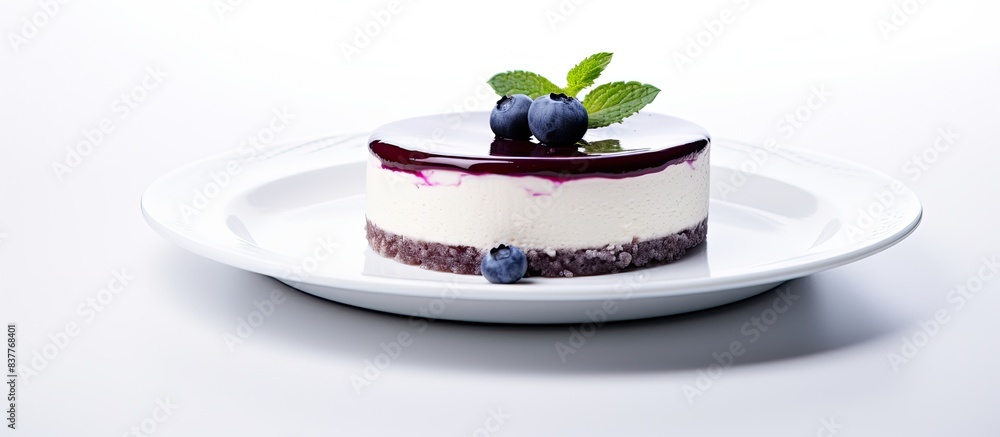 Poster Blueberry cheesecake displayed in a plate with a white background for copy space image.