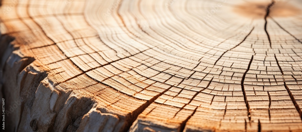 Poster an old pine tree slice under the bright summer sun, revealing distinct longitudinal and radial crack