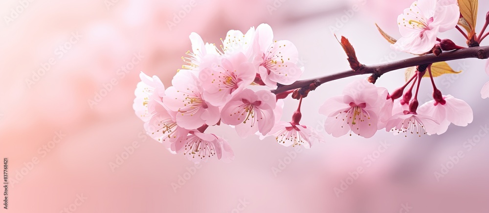 Poster blooming sakura flower on a nature background with a beautiful pink hue, perfect for use as a copy s