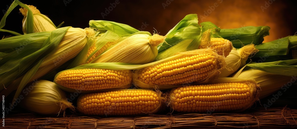 Poster corn on corn husks with copy space image.