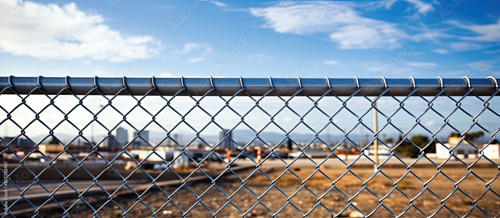 Aufkleber a metal fence in the foreground with a construction site in the background, suitable for a copy spac