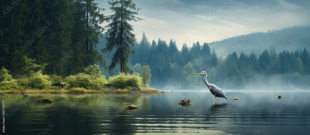 Poster heron birds gracefully walk on the surface of a serene lake meadow with a backdrop of lush forest in