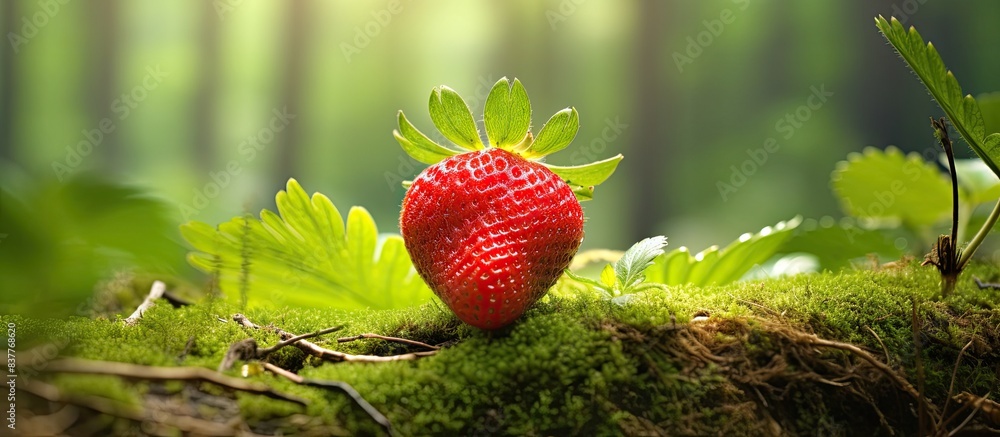 Aufkleber organic strawberry from a forest setting with a natural appearance against a copy space image for or