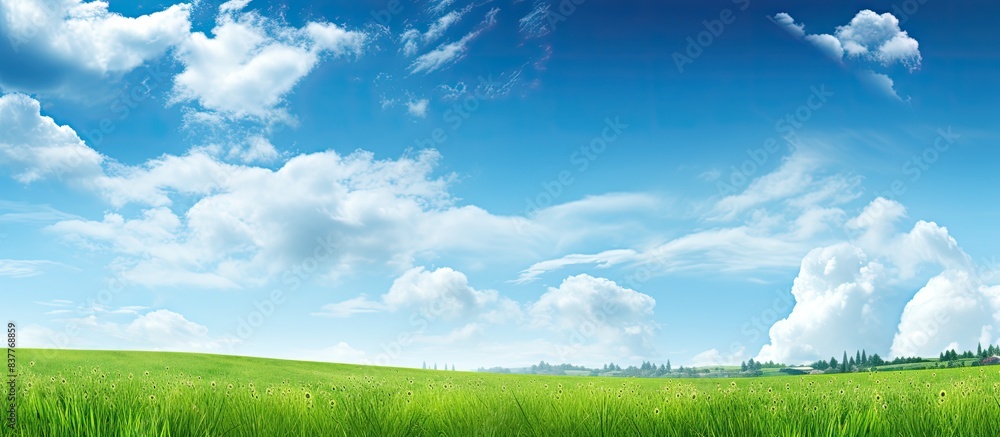 Poster summer landscape concept with a refreshing spring green background showcasing a grass and cloudscape
