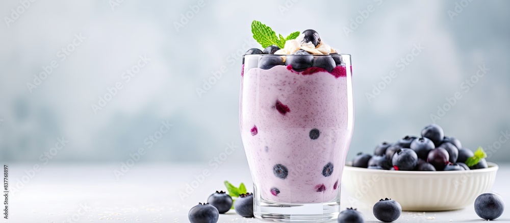 Poster homemade blueberry yogurt shake dessert in a glass on a white table background with copy space image