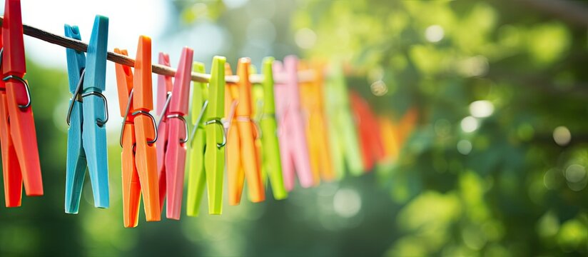 Colorful clothespins hanging on a clothesline with a blurred green tree background and bokeh in a home backyard on a sunny day, ideal for a copy space image.