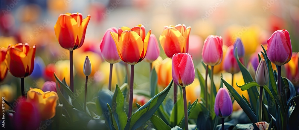 Poster a lovely arrangement of colorful tulip flowers in a garden during spring with a soft focus, close-up