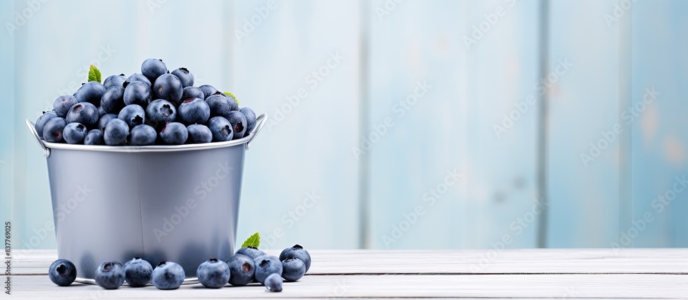 Poster blueberries arranged in a metal white bucket on a white wooden backdrop with copy space image.