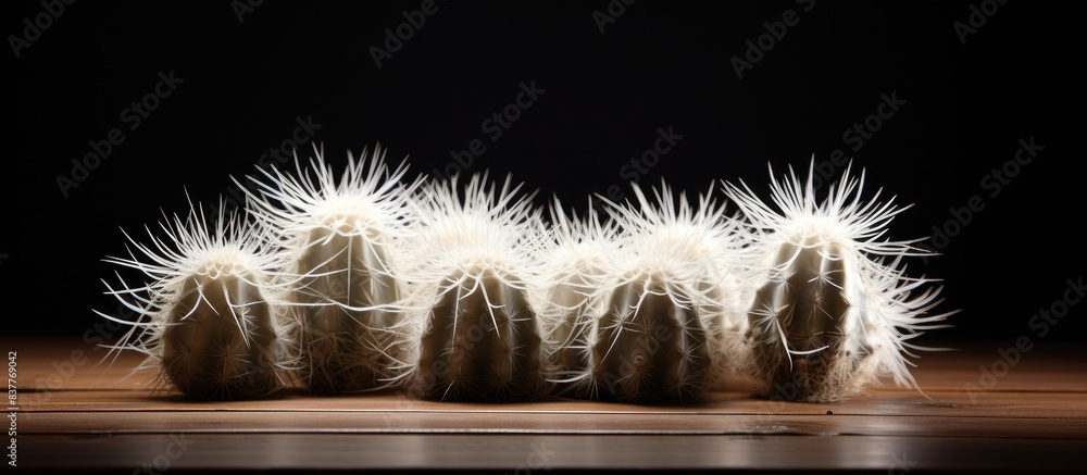 Aufkleber selective focus on the table shows white cactus spines; there is copy space image available.
