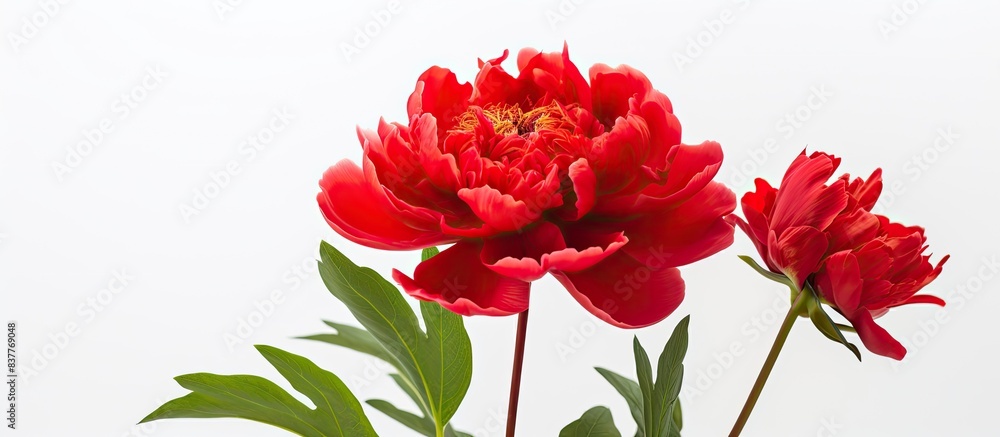Poster red peony flower isolated on a white backdrop with copy space image