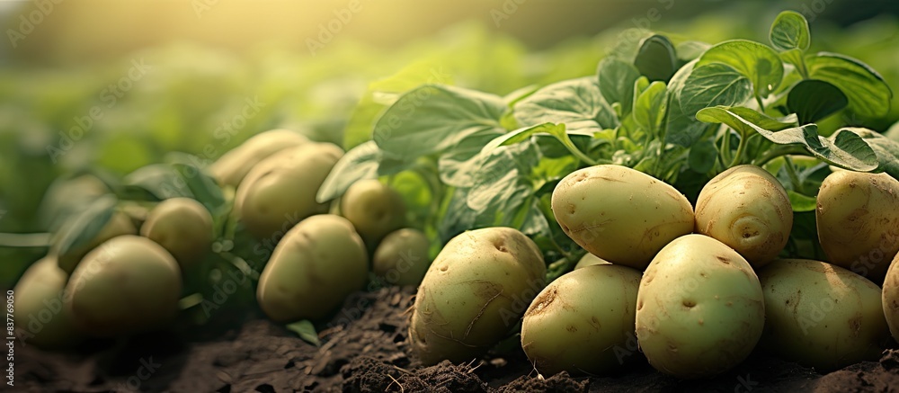 Poster I would like to request a copy space image depicting green potatoes in a farm setting for educational purposes.
