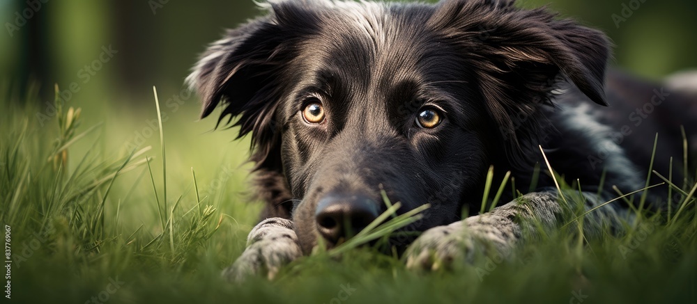 Poster Close-up of a black abandoned dog in a grassy location with a blank area for text or graphics in the background for a copy space image.