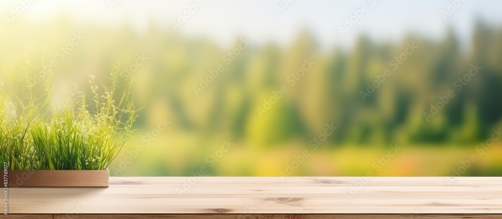 Poster A wooden desk featuring a spring landscape with grass blurred in the background, creating an attractive copy space image.