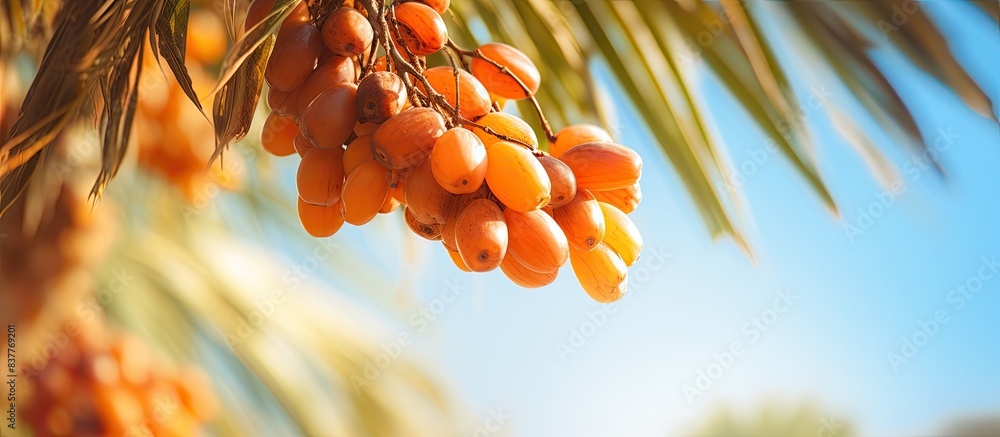 Aufkleber Selective focus on a palm tree with date fruits against a sky background providing a perfect copy space image.