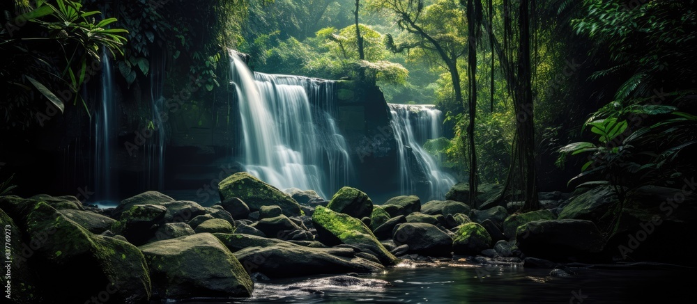 Poster scenic waterfall cascading over rock formation in lush rainforest setting with copy space image.