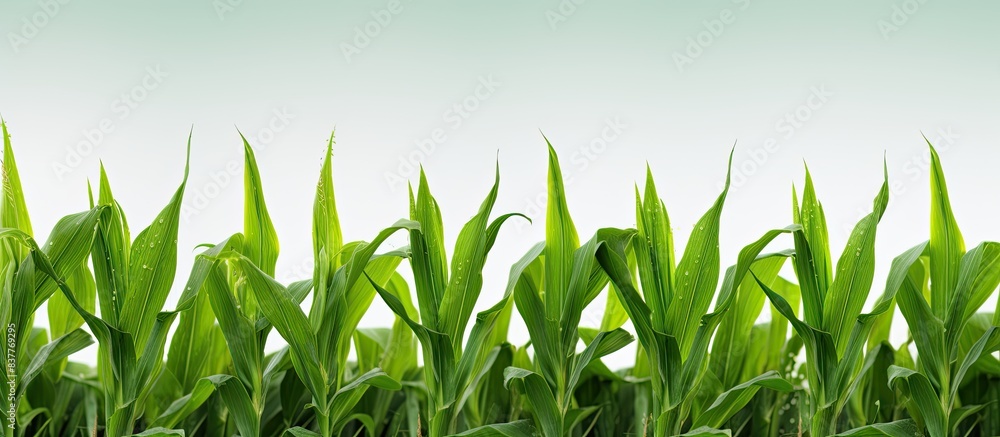 Poster corn plants growing in a row in a cornfield with green leaves, where the fruit has not yet ripened, 