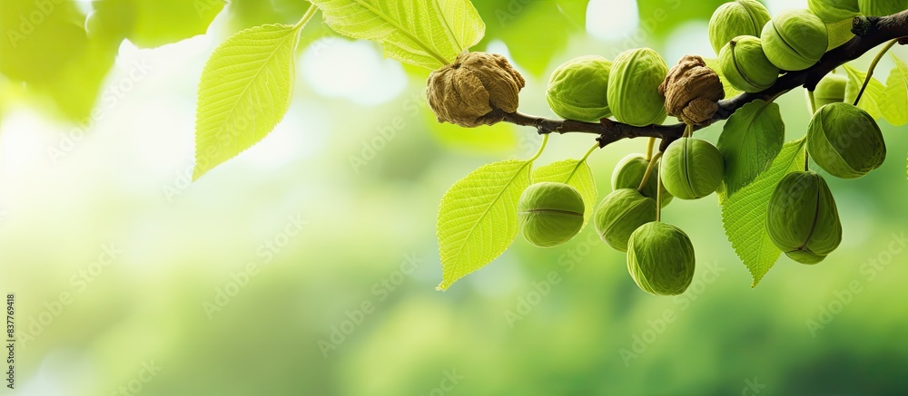 Poster Green walnuts on tree branches with copy space image.