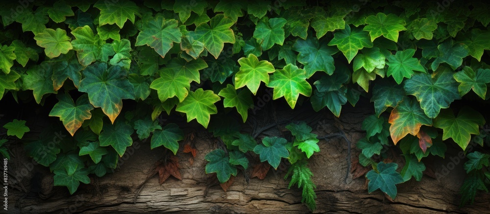 Poster Ivy leaves on a tree trunk with copy space image.