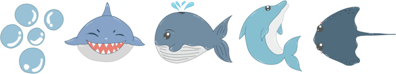 Set cartoon ocean life in blue teams