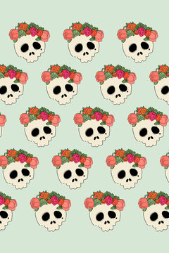 Pattern of rows of Day of Dead skulls against green background