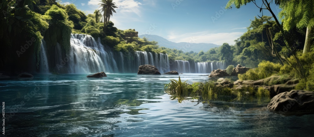 Poster on a bright summer day, cascading water flows down cliffs into a tropical lake, creating a serene sc
