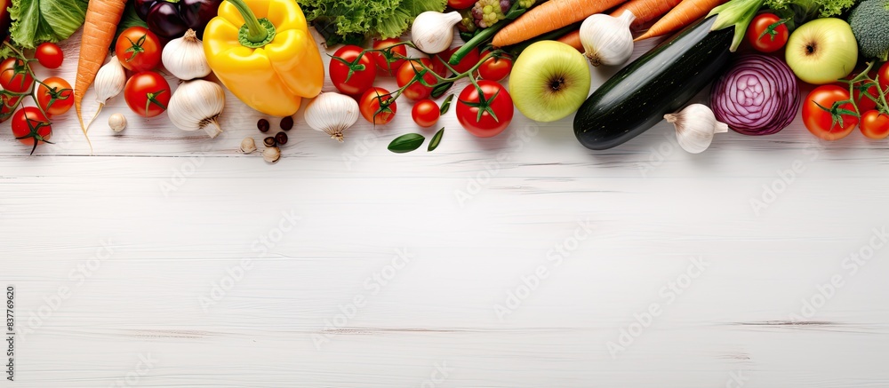 Aufkleber fresh vegetables arranged on a white wooden surface with available copy space image.