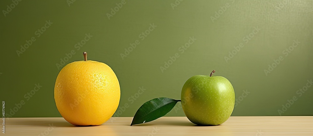 Poster isolated on cardboard paper, there is a copy space image of a green apple alongside a lemon.