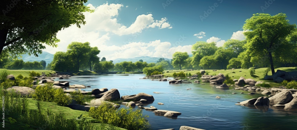 Poster scenic view with a river, trees, and copy space image.