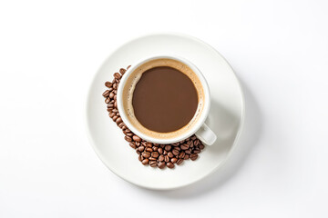 Cup of Coffee with Coffee Beans on a White Saucer