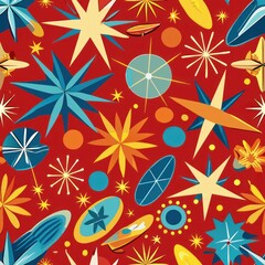 Seamless pattern of retro-inspired atomic shapes and starbursts in bold primary colors, Generative AI